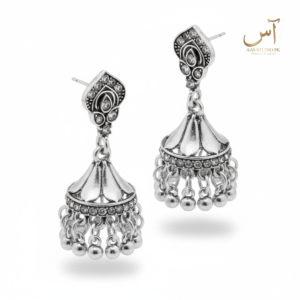 Oxidized Silver Floral Crest Jhumkas